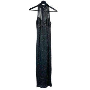 Vintage 90s Lawrence Kazar Black Sleeveless Beaded Silk Full Length Dress Small
